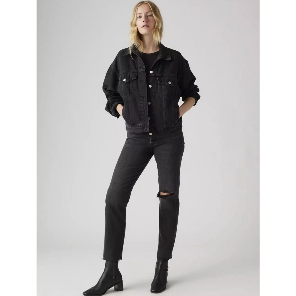 Levi’s Wedgie Straight Raw Hem Premium Denim Jean Gray Black Women 33 Button Fly